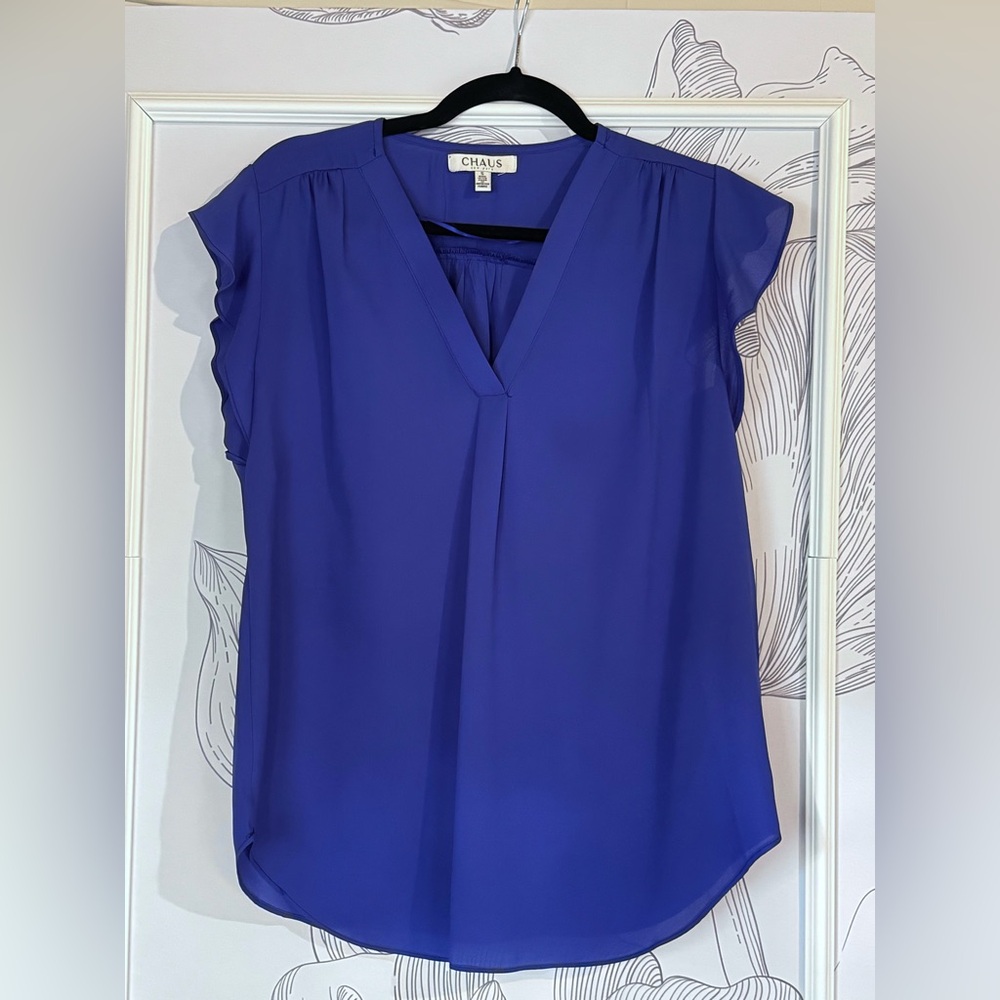 CHAUS Women's Royal Blue V-Neck Blouse w Ruffle Cap Sleeve